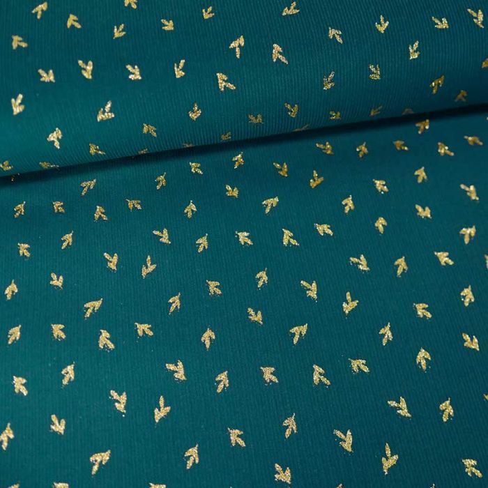 Tissu velours milleraies feuilles de thé - bleu canard x 10 cm
