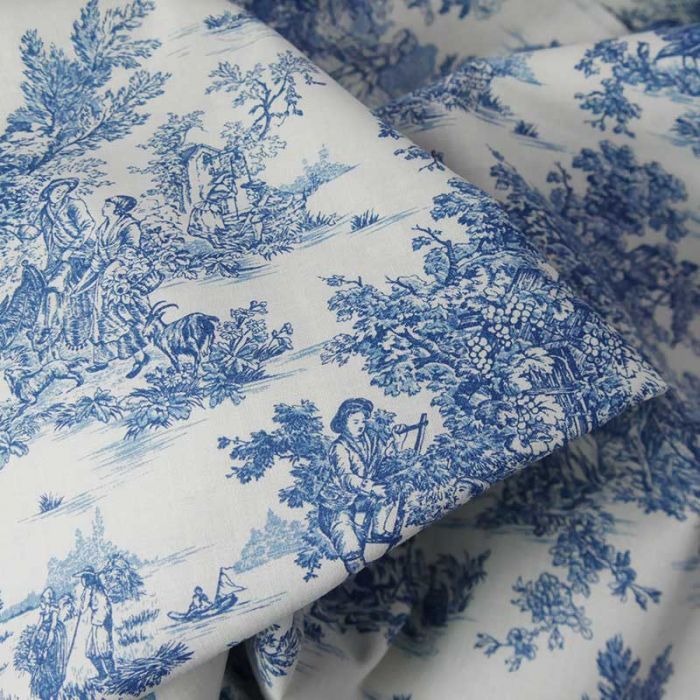 Tissu popeline coton toile de jouy bleu - écru x 10 cm