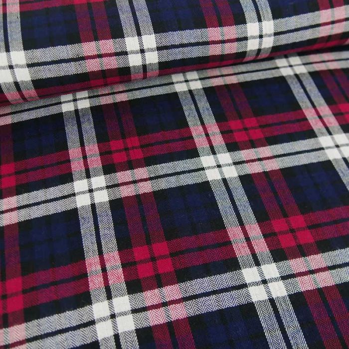 Tissu tartan coton rouge haute couture - bleu marine x 10 cm