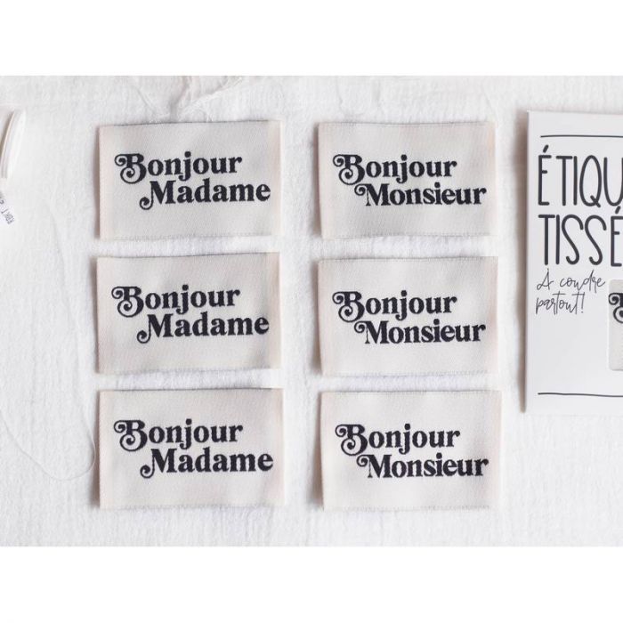 Etiquettes à coudre "Bonjour Madame, Monsieur" - noir x 6