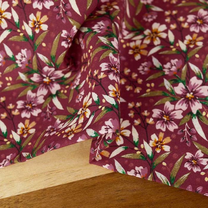 Tissu coton imprimé fleurs Ola - bordeaux x 10cm
