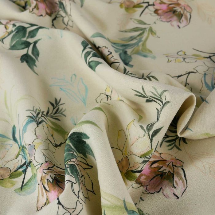 Tissu bourrette soie fleurs lavis haute couture - beige x 10 cm