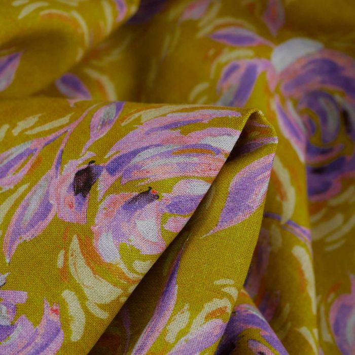 Tissu viscose lin fleurs violettes haute couture - jaune x 10 cm