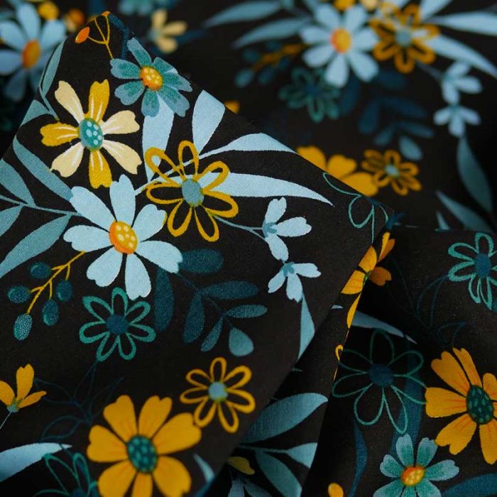 Tissu popeline viscose fleurs Paula - noir x 10 cm