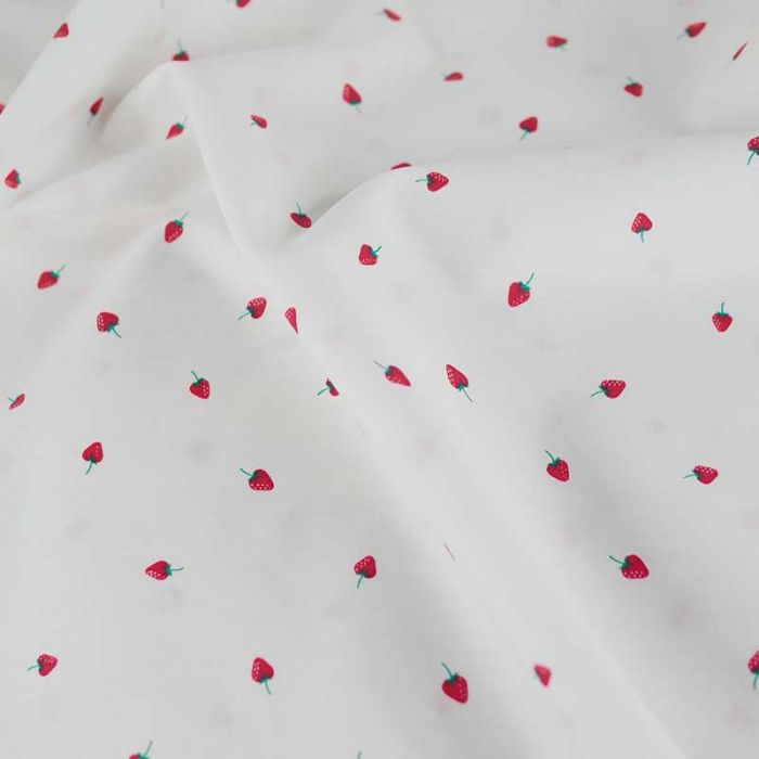 Tissu popeline coton fraises - blanc x 10cm