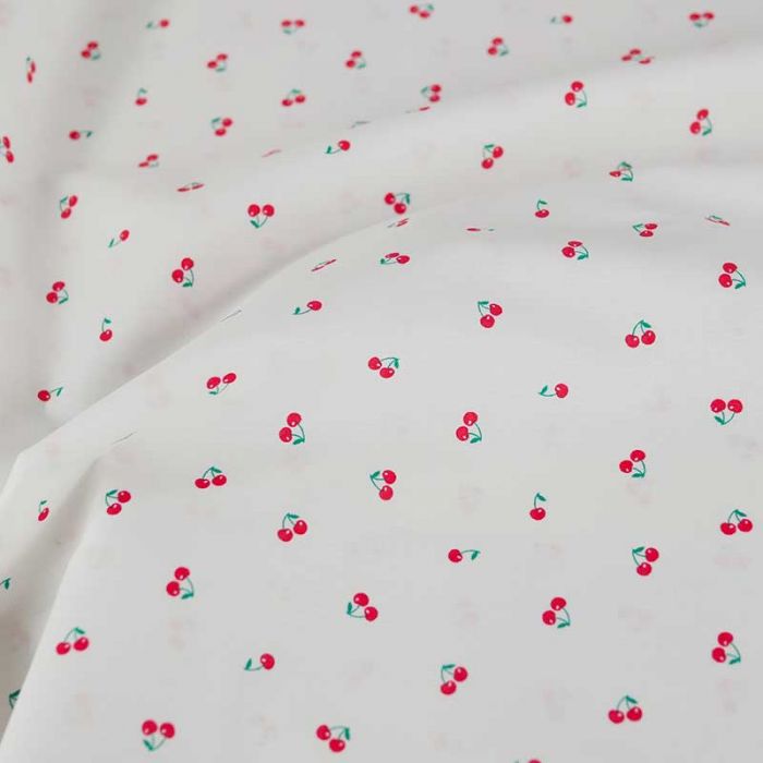 Tissu popeline coton cerises - blanc x 10cm