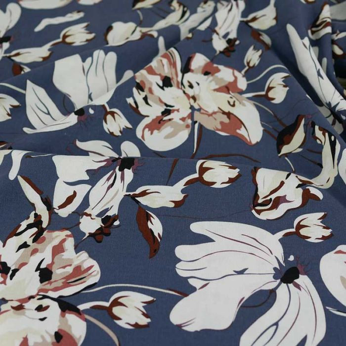 Tissu viscose lin fleurs Alhambra - bleu x 10 cm