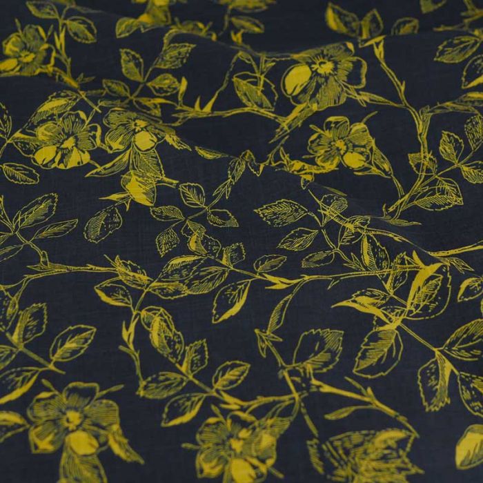 Tissu coton viscose fin fleurs jaunes - bleu foncé x 10 cm