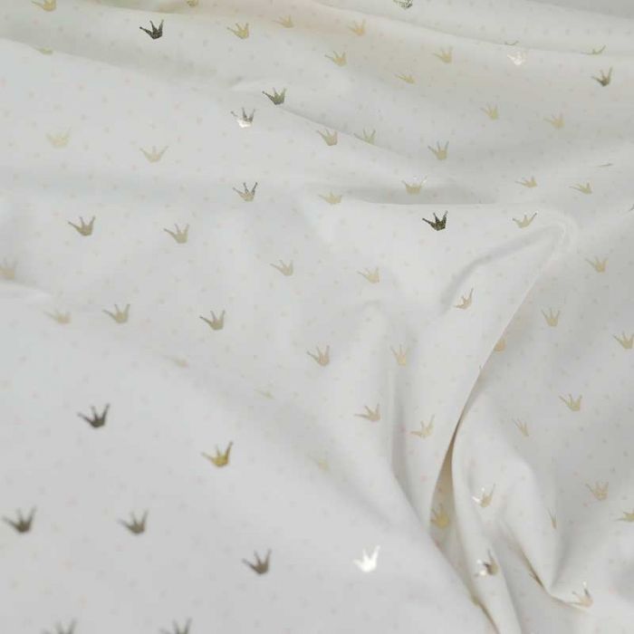 Tissu jersey fin couronnes dorées - blanc x 10 cm