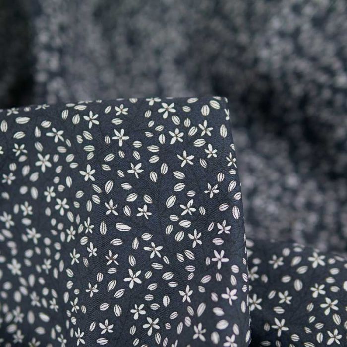 Tissu popeline coton stretch fleurs Mina - bleu ardoise x 10 cm