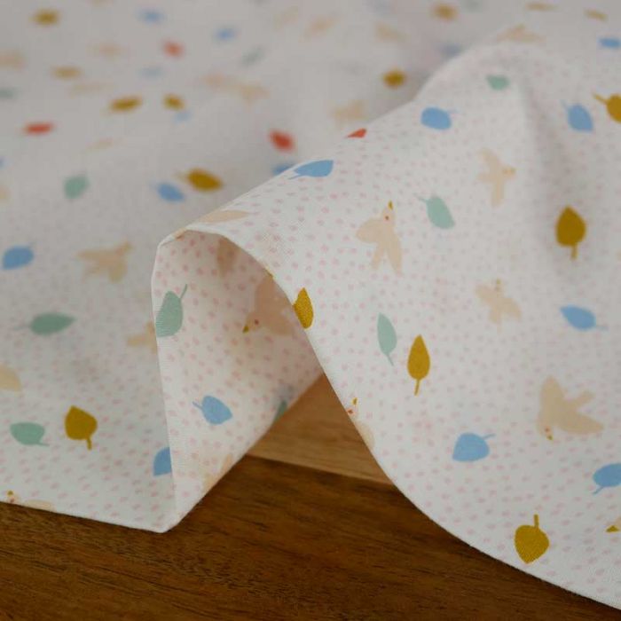 Tissu popeline coton oiseaux pastel - blanc x 10 cm