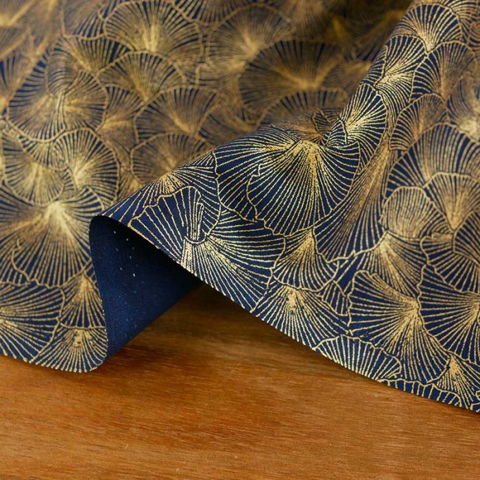 Tissu popeline coton ginkgo - bleu foncé x 10 cm