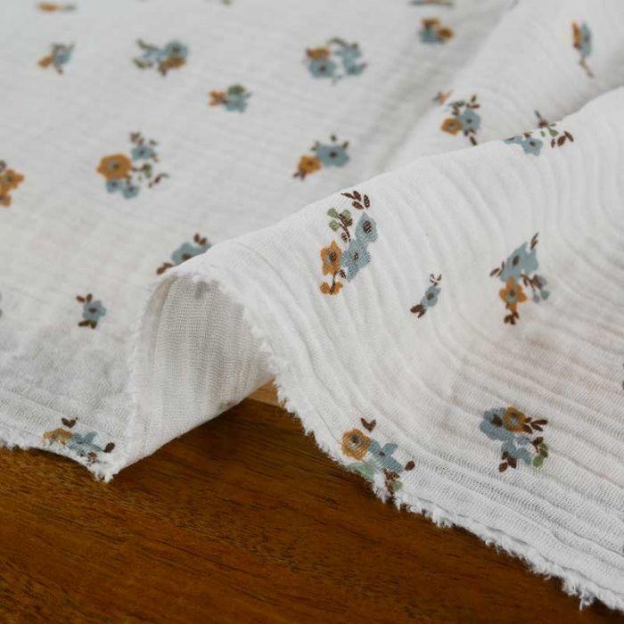 Tissu double gaze fleurs Epia - blanc x 10cm