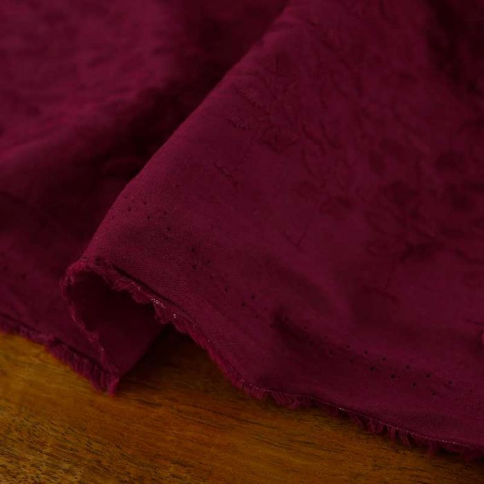 Tissu coton brodé feuillages Sélene - bordeaux x 10 cm