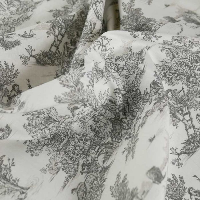 Tissu popeline coton toile de jouy gris - écru x 10 cm