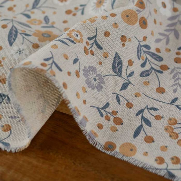 Tissu polycoton demi-natté floral ocre - beige x 10 cm