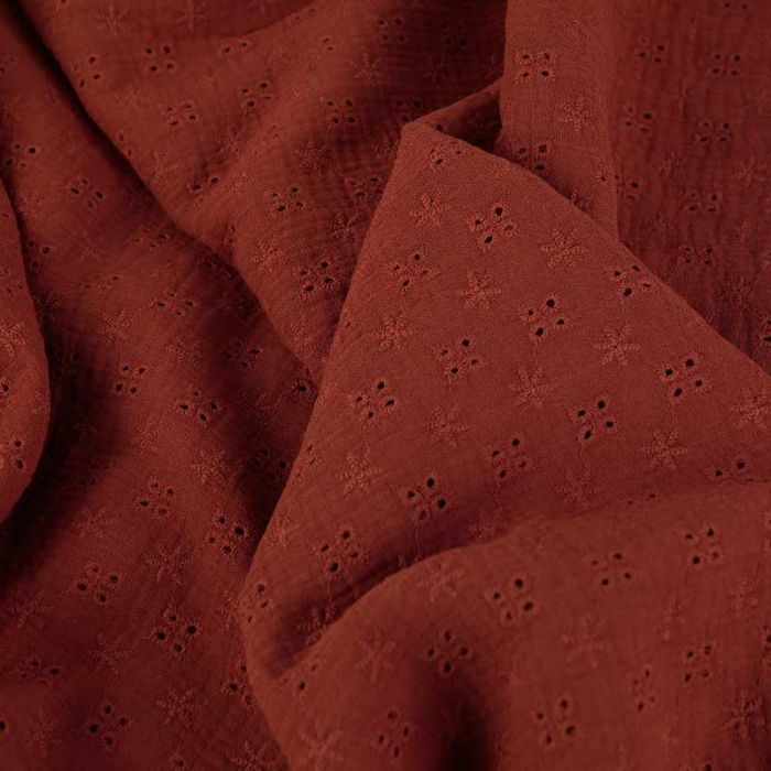 Tissu double gaze broderie anglaise - rouille x 10 cm