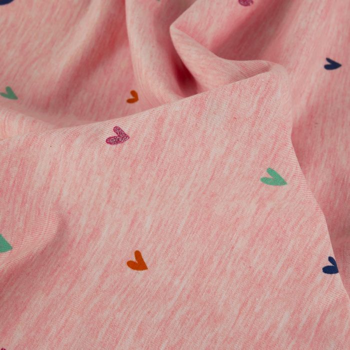 Tissu jersey fin coeurs pailletés chiné - rose corail x 10 cm