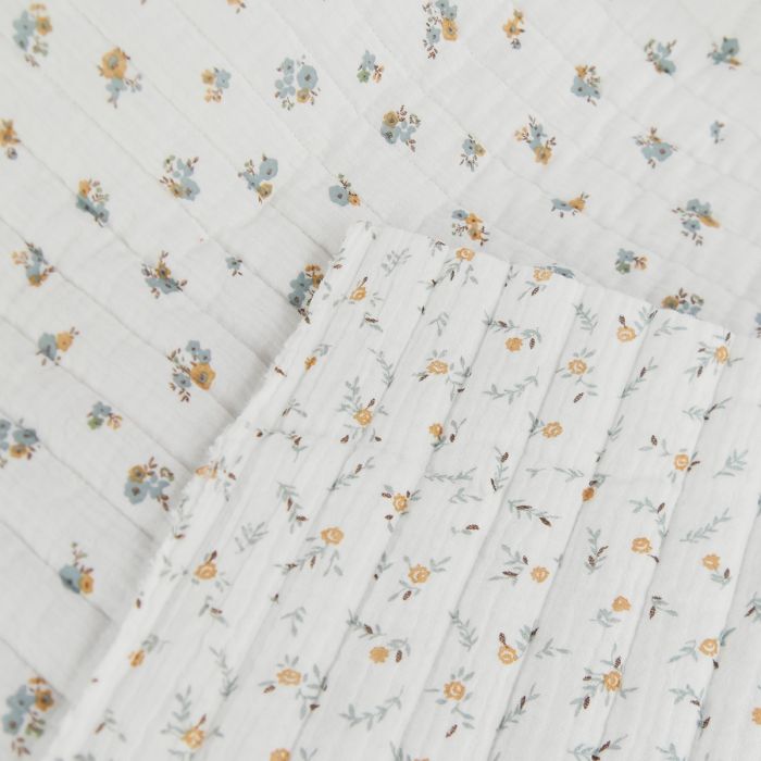 Tissu double gaze matelassée fleurs Epia - blanc x 10 cm