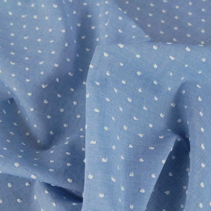 Tissu chambray polycoton plumetis - bleu ciel x 10 cm