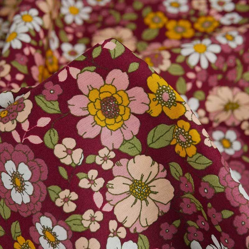 Tissu popeline coton fleurs vintage - bordeaux x 10 cm