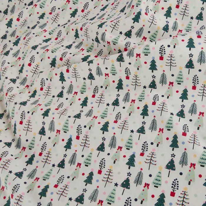Tissu popeline de coton sapins Noël - blanc x 10 cm