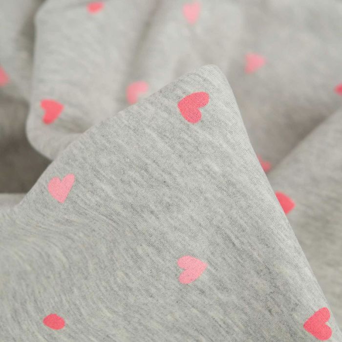 Tissu jersey sweat envers fourrure coeurs - gris chiné x 10 cm