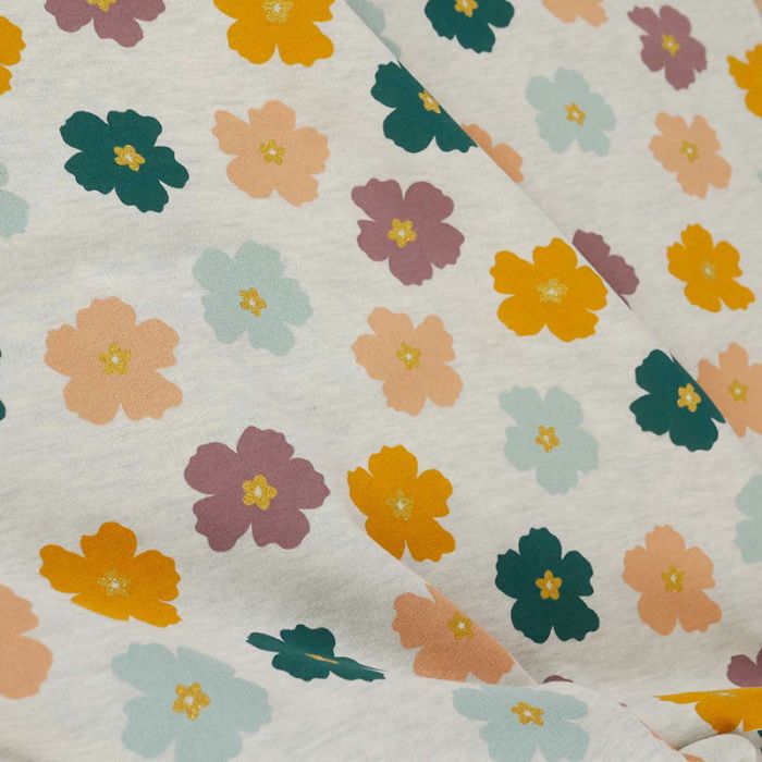 Tissu jersey sweat léger fleurs pailletées - écru chiné x 10 cm