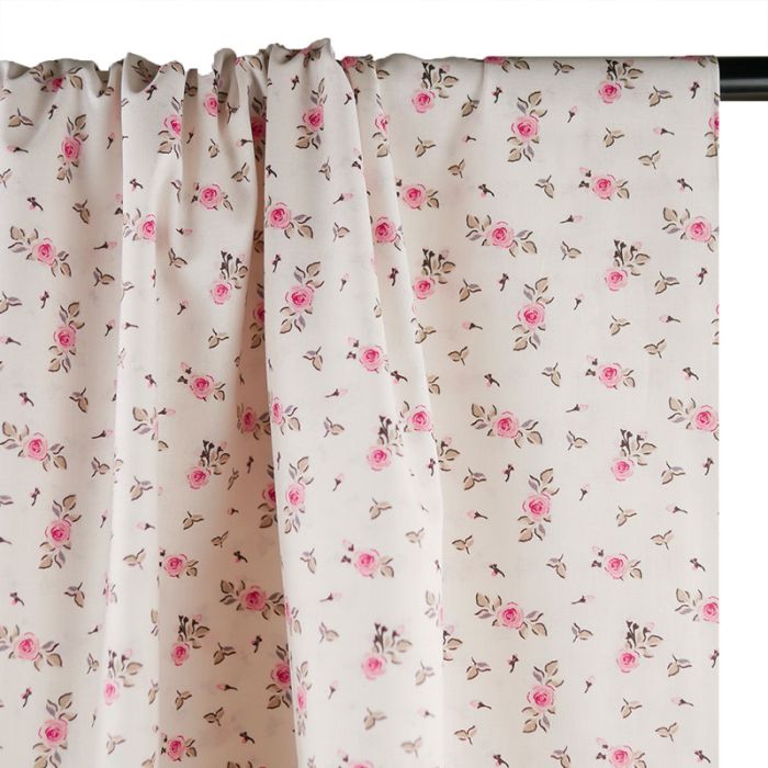 Tissu popeline de coton petites fleurs roses - blanc x 10 cm