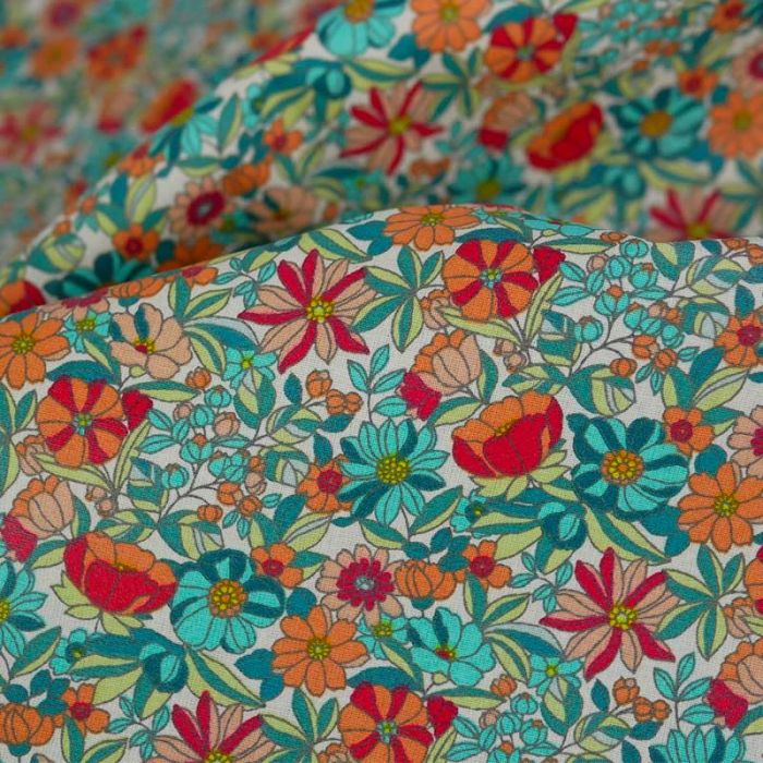 Tissu cretonne coton enduit fleurs orange - bleu x 10 cm