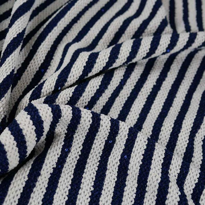 Tissu jersey maille marinière sequins - bleu marine x 10 cm
