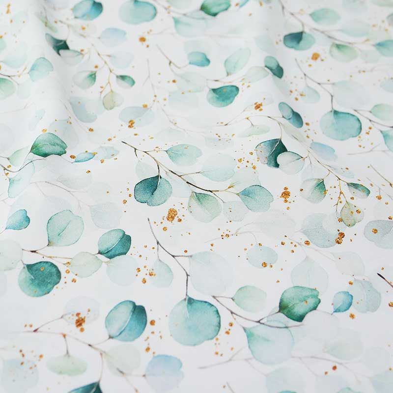 Tissu viscose stretch feuilles eucalyptus blanc