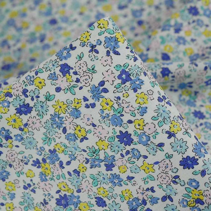 Tissu popeline coton minis fleurs pastel - bleu x 10 cm