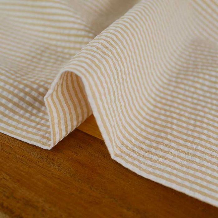 Tissu seersucker rayures blanc - beige clair x 10 cm