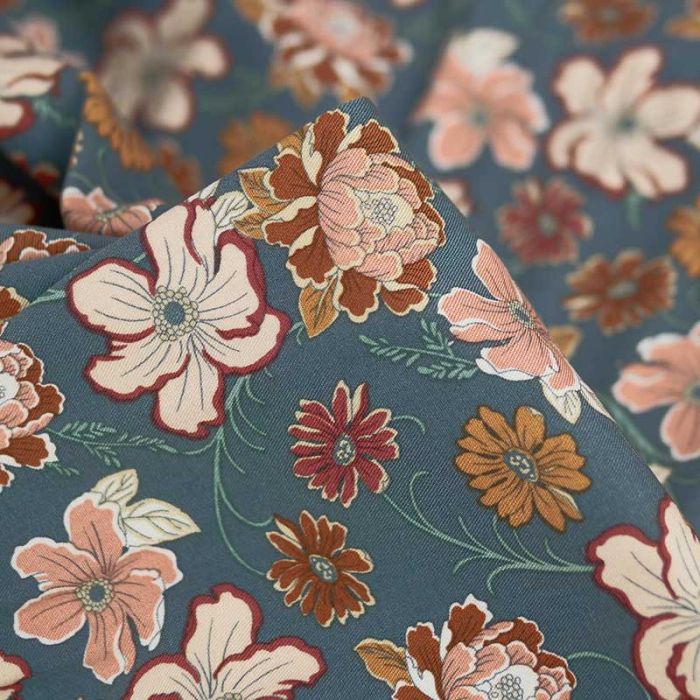 Tissu twill viscose stretch fleurs anémones - bleu de gris x 10 cm
