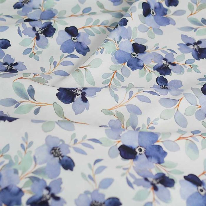 Tissu popeline coton fleurs bleues - blanc x 10 cm