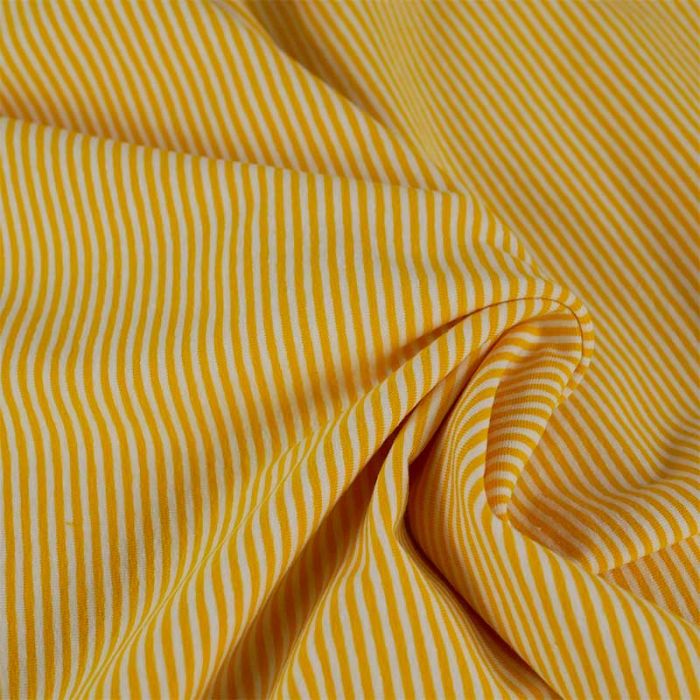 Tissu jersey coton à fines rayures - jaune x 10 cm