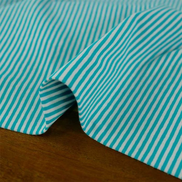 Tissu jersey coton à fines rayures - turquoise x 10 cm