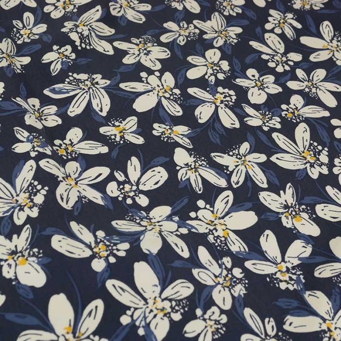 Tissu jersey fin fleurs Iberis - bleu marine x 10 cm
