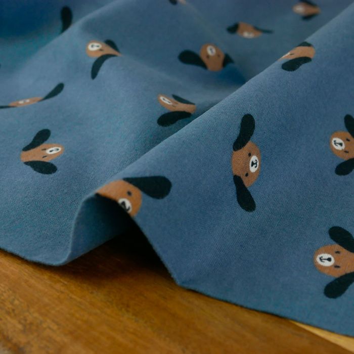 Tissu flanelle coton petits chiens - bleu denim x 10 cm