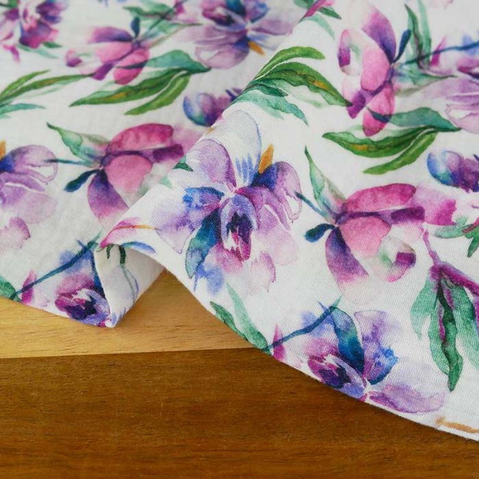 Tissu double gaze fleurs violettes sauvages - blanc x 10 cm