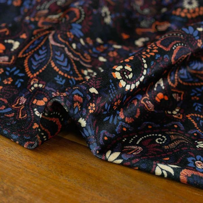 Tissu velours ras motifs persans - bleu foncé x 10 cm