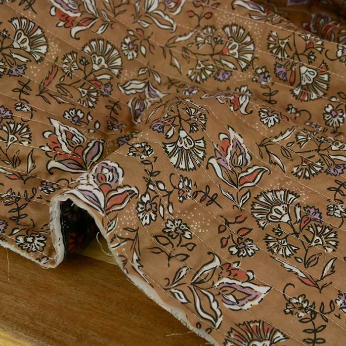 Tissu matelassé réversible fleurs bohème - marron clair x 10 cm