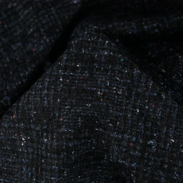 Tissu lainage tweed chiné haute couture bleu - noir x 10 cm
