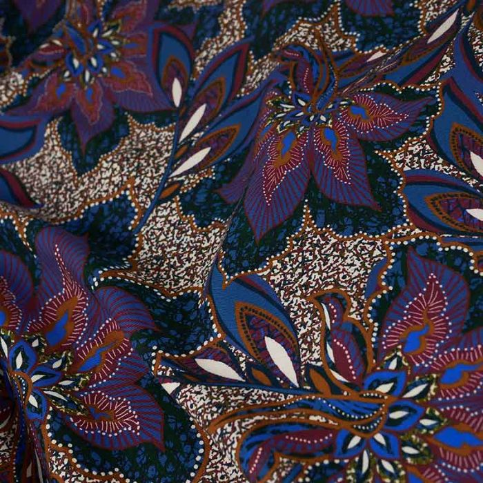 Tissu viscose fleurs orientales haute couture - bleu roi x 10 cm