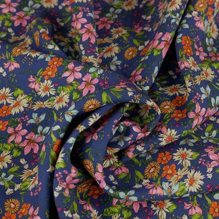 Tissu piqué de viscose fleurs vintage haute couture - bleu roi x 10 cm