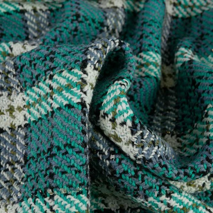 Tissu lainage tartan lurex haute couture - bleu de gris x 10 cm