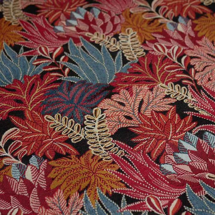 Tissu jacquard motifs feuillages - rouge x 10 cm