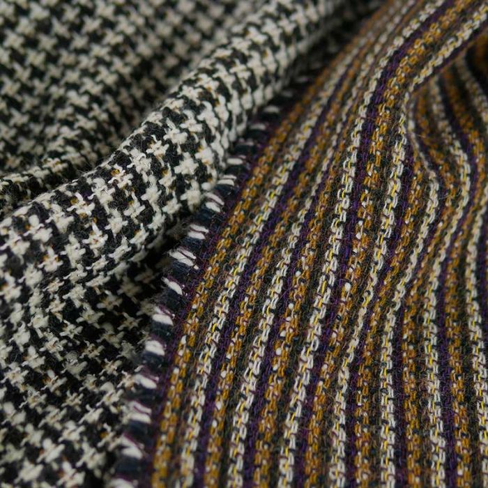 Tissu lainage pied de poule et rayures haute couture - écru x 10 cm