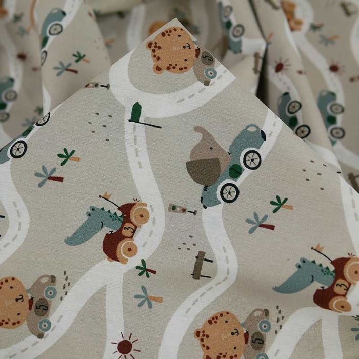 Tissu popeline coton circuit animaux - gris clair x 10 cm